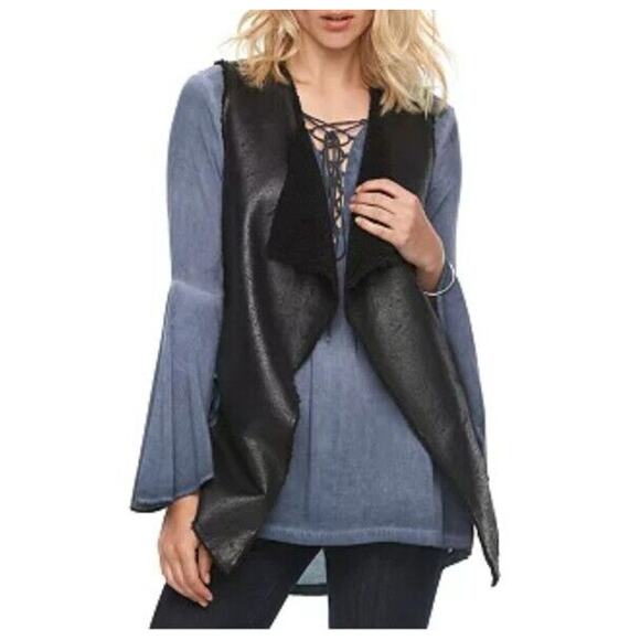 Rock Republic Sherpa Vest M Metallic Black Vegan Suede Boho Western Cowgirl NEW - Picture 1 of 11